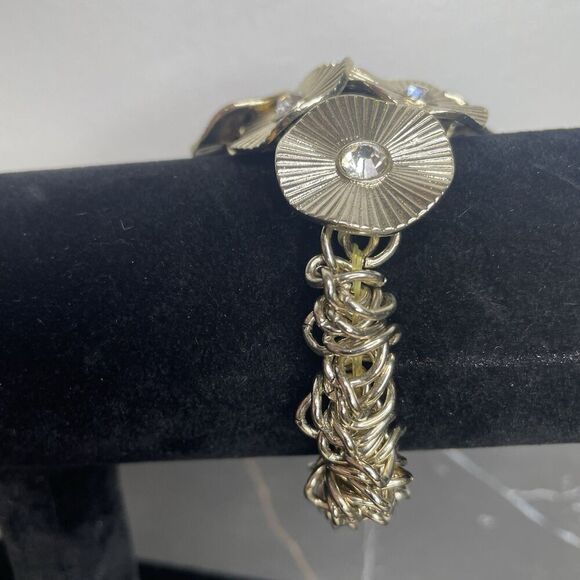 Vintage Gold Tone Flower Rhinestone Cluster Elastic Bracelet Size 7" - Picture 4 of 9